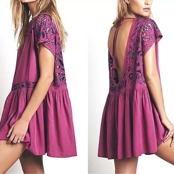 Free People Embroidered Aya Dress in Fuchsia, XS - Picture 1 of 8